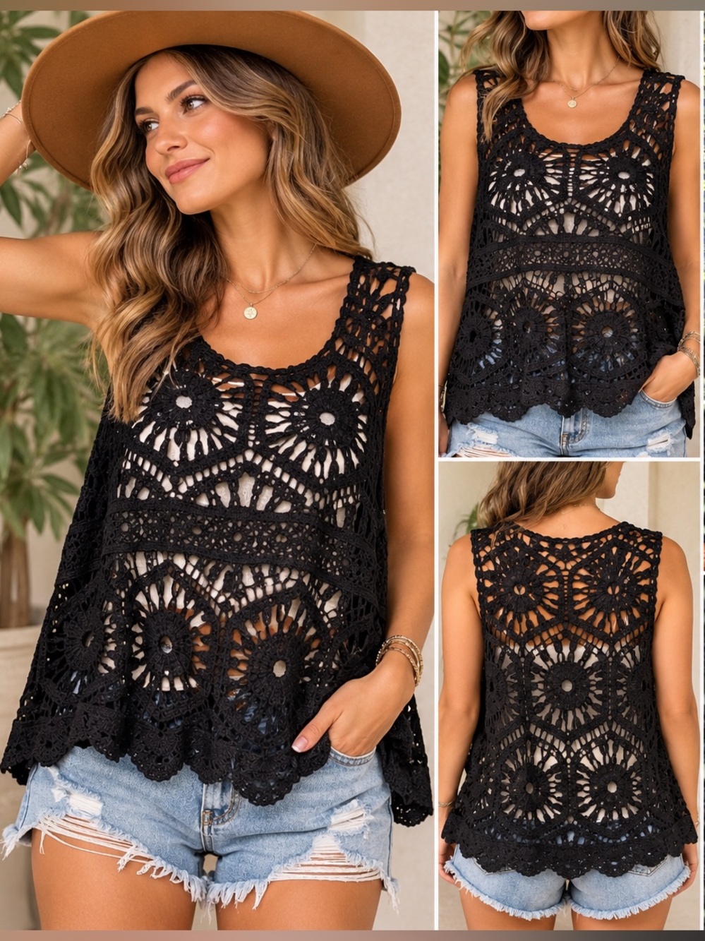 POL Black Crochet Floral Open Knit Boho Sleeveless Vest One Size Oversized